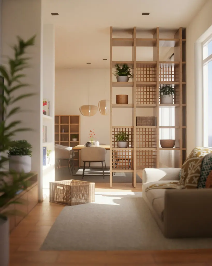 A living room in natural light, with oak shelving