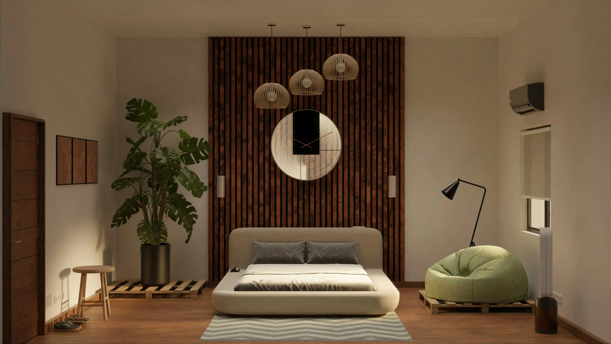 A bedroom with a large bed and a round mirror