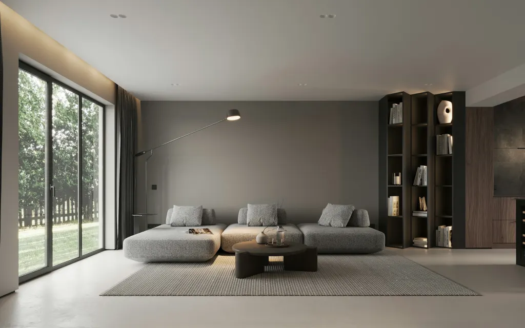 The living room of Floreasca Apartment, with large windows and a dark bookcase