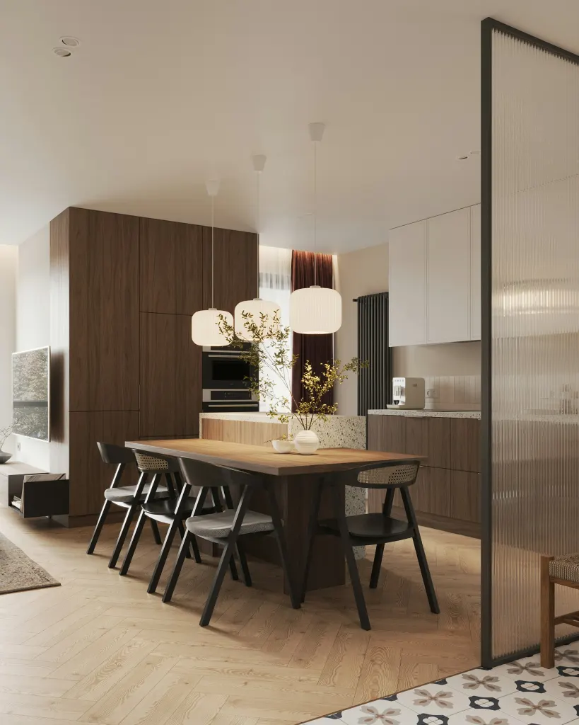 A dining room open to the kitchen