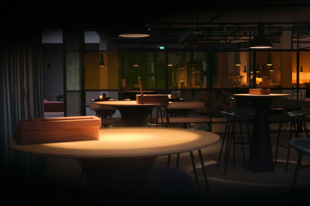 Bistro Ora in the evening: round tables in the warm light of the lamps