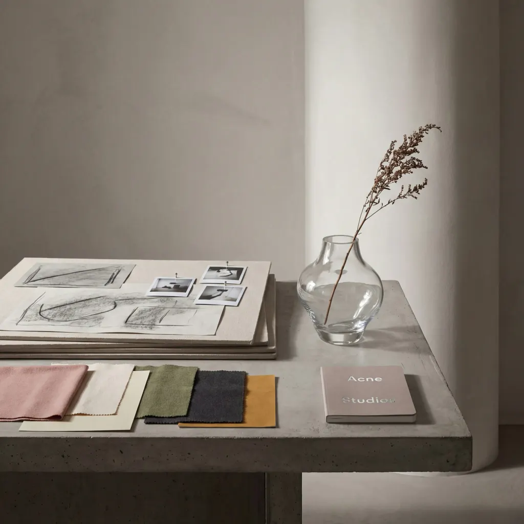 A sketchbook and fabric samples on the studio table