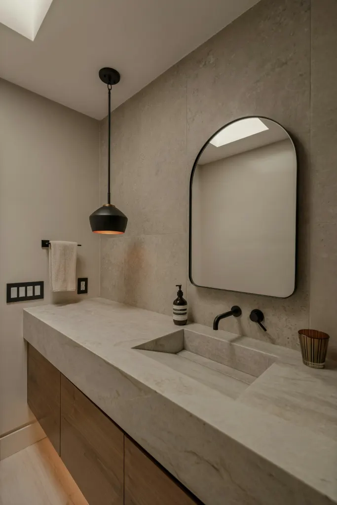 A guest bathroom with a basin carved from a single block of stone