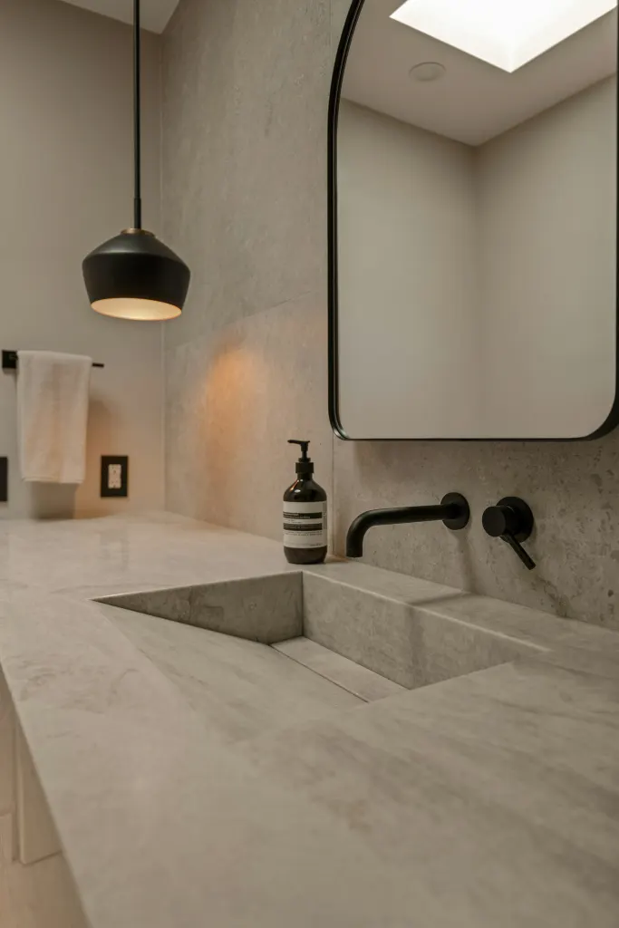 A stone basin with a black tap